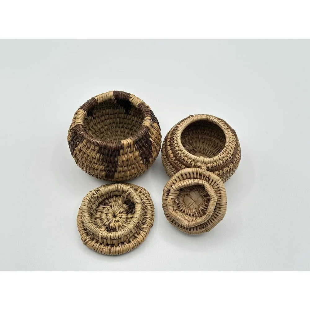 Set of Miniature Hand‑Woven Native American Lidded Baskets—Natural Fiber Baskets
